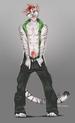 2017 abs anthro cheeky clothed clothing digital_media_(artwork) feline finnian_ennis fur furlana grin hi_res looking_at_viewer male male_only mammal muscular nipples open_mouth partially_clothed paws pecs penis simple_background smile solo stripes teeth tiger toes tongue white_fur