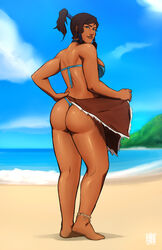 1girls 2017 alternate_breast_size anklet ass avatar_legends back back_view barefoot beach big_ass bikini blue_bikini blue_eyes breasts brown_hair bubble_butt clothed clothes clothing dark-skinned_female dark_hair dark_skin dat_ass feet female female_only hair_tubes hi_res high_ponytail hourglass_figure human kneepits korra large_breasts long_hair looking_at_viewer looking_back naavs nickelodeon outdoors ponytail sideboob sidelocks skimpy skirt skirt_lift smile smooth_skin solo swimsuit the_avatar the_legend_of_korra thong thong_bikini toes water_tribe