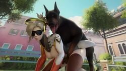 3d animated areolae blender blonde_hair bouncing_breasts breasts canine dog female fritzhq male mercy nipples no_sound overwatch straight thighhighs video zoophilia