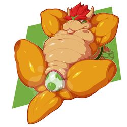 arms_behind_head arms_up big_belly bowser cloaca cuntboy egg egg_laying intersex koopa krimxonrage lying male male_only mario_(series) nintendo nipple nipples on_back reptile scalie simple_background spread_legs sweat teeth