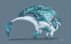 2016 absurd_res anus blue_eyes blue_feathers blue_fur blue_hair blue_mane blue_scales blue_skin claws digital_media_(artwork) dragon feathered_wings feathers female feral feral_only fur grey_background hair hi_res horn itaris looking_at_viewer no_humans one_leg_up open_mouth presenting presenting_pussy pussy quadruped raised_tail scales scalie side_view signature simple_background solo spread_wings standing tail_tuft tochka tuft western_dragon white_skin wings