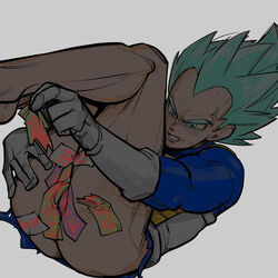 1boy ass bara blue_hair dragon_ball gloves lying male male_only muscle solo super_saiyan_blue supobi sweat tagme vegeta