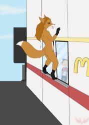 :i absurd_res anthro badwing being_watched canine clothed clothing d_kenmason dipstick_tail duo fox hair hi_res improvised_sex_toy knot long_hair male mammal mcdonald's multicolored_tail nude object_penetration penis public public_nudity red_fox scar sex solo_focus uniform what window