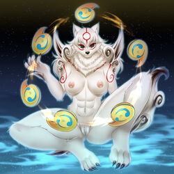 2017 abs amaterasu anthro anthrofied areola athletic beads black_nose breasts canine capcom claws deity female fur furry highres looking_at_viewer mammal nipples okami pastelletta pussy rosary sky smile solo spread_legs spreading star starry_sky toe_claws white_fur wolf