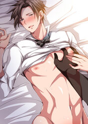 1boy blush funkasiahq groping lying male male_only nipples smile solo solo_focus sweat undressing