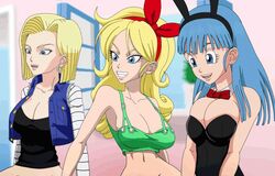 3girls android_18 animated animated_gif bad_launch blonde_hair blue_eyes bouncing_breasts breasts bulma_(bunny) bulma_briefs bunny_costume bunny_ears bunnysuit busty cleavage clothed_sex detached_collar dragon_ball dragon_ball_(classic) dragon_ball_z female_only gif hair_ribbon launch multiple_girls necrolust shounen_jump tank_top teenager time_paradox vaginal_penetration voluptuous