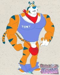 anthro blu3danny bulge clothed clothing darkmoontoons feline frosted_flakes hi_res hyper hyper_muscles male male_only mammal muscular muscular_male penis shirt solo tank_top tiger tony_the_tiger underwear