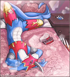 animal_genitalia anthro bed chromamancer digimon digital_media_(artwork) flamedramon genital_slit hands_behind_head hi_res looking_at_viewer lying male male_only scalie slit solo