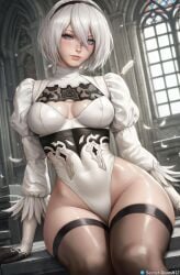 1female ai_generated big_hips blue_eyes female female front_view medium_breasts nier nier:_automata nier_(series) pony_diffusion_xl secret_room12 shiny_skin short_hair sitting stable_diffusion stockings video_game video_game_character video_games white_hair yorha_2b