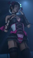 brunette_female corset final_fantasy final_fantasy_xv iris_amicitia lazyprocrastinator licking_fingers pink_eyes stockings succubus succubus_wings