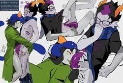 1boy1girl black_hair black_shirt catgirl dyed_hair eridan_ampora feet feet_licking feet_on_penis femdom glasses green_jacket green_penis grey_skin grubscars homestuck homestuck_troll licking_penis malesub nepeta_leijon purple_penis scarf sex tentabulge tentacle x-ray