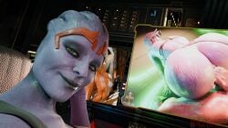 3d asari big big_breasts dildo edi futa_on_female futanari glowing liara_t'soni mass_effect muscles purple_body purple_skin raz0r33 samara