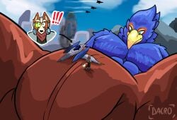 anthro arwing avian big_bulge bird blue_body blue_feathers bulge canid canine canis city clothed clothing dacro destruction duo falco_lombardi feathers fox fox_mccloud genital_outline green_eyes hi_res male mammal muscular muscular_male nintendo scouter size_difference star_fox topless