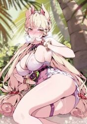 absurdres aer007580 alice_thymefield alice_thymefield_(sea_of_thyme) animal_ears ass bare_legs bare_shoulders blonde_hair blush breasts check_clothing closed_mouth clothing_request covered_nipples dress female hand_up heart heart_in_eye heterochromia highres large_breasts legs long_hair looking_at_viewer official_alternate_costume orange_eyes outdoors pussy_juice pussy_juice_puddle rabbit_ears rabbit_girl sitting solo sphere_hair_ornament symbol_in_eye thigh_strap thighs variant_set very_long_hair white_dress yellow_eyes zenless_zone_zero