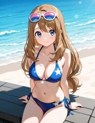 1girls aged_up ai_generated bikini blonde_hair blue_bikini blue_eyes blue_swimsuit brown_hair brush female female_only glasses_on_head long_hair medium_breasts pokemon pokemon_xy serena_(pokemon) smiling smiling_at_viewer sunglasses_on_head swimsuit teenage_girl teenager white_skin