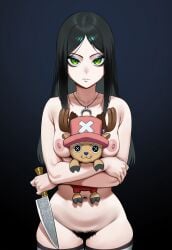 1girl ai_generated alice_liddell alice_madness_returns american_mcgee's_alice black_hair button_eyes crossed_arms expressionless female female_focus female_only green_eyes holding_knife holding_object holding_stuffed_toy jagat_ai knife long_hair necklace nipples nude one_piece pale_skin plain_background pubic_hair small_breasts solo stuffed_animal stuffed_toy tony_tony_chopper