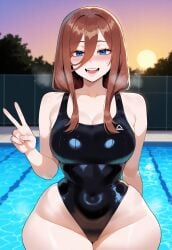 1girls ai_generated big_breasts blue_eyes breasts female female_focus go-toubun_no_hanayome huge_breasts large_breasts light-skinned_female long_hair nakano_miku pool red_eyes swimsuit thick_thighs thighs