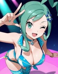 1girls ai_generated aqua_eyes aqua_hair blue_necklace blue_socks blue_underwear bra female lisia_(pokemon) medium_breasts necklace only_female panties pokemon pokemon_oras short_hair smile socks underwear white_skin