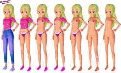 barbie barbie_(copyright) barbie_dreamhouse_adventure barbie_roberts bare_hips bare_legs bare_thighs barefoot blonde_hair blue_eyes bottomless bottomless_female breasts clothed_female_nude_female clothes_lift female fully_clothed_female highres legs looking_to_the_side mattel midriff_peek no_panties nude open open_mouth panties panties_around_one_leg panty_pull pink_and_white_shirt thefirstofus topless underwear