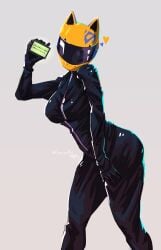 artist_name black_bodysuit black_gloves blue_trim bodysuit breasts cat_ear_helmet catsuit celty_sturluson commentary crowsputin durarara!! english_commentary feet_out_of_frame female finger_to_mouth gloves grey_background hand_on_own_hip hand_on_own_thigh hand_up heart helmet highres holding holding_phone index_finger_raised leaning_forward legs_apart looking_at_viewer medium_breasts motorcycle_helmet phone shiny_clothes signature simple_background solo standing translated twitter_username yellow_helmet