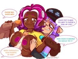 2girls blush breasts_out dark-skinned_female encouragement english_text handjob inkling_girl light-skinned_female nastysanly octoling_girl paizuri pink_hair purple_hair ryoku-san_(inkling) splatoon