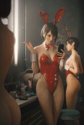 3d 3girls bunny_ears bunnysuit chitose_fujinomiya cigarette fishnet_legwear fishnets fugtrup mirror_selfie ryuu_ga_gotoku saeko_mukouda smoking smoking_cigarette