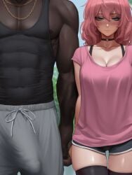 1boy 1girls ai_generated aipotions big_penis bulge dark-skinned_male dark_skin female interracial large_breasts male