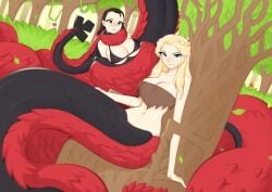 a_song_of_ice_and_fire alternate_universe arya_stark blonde_hair blush brown_hair coiled_up coils creeperwisp daenerys_targaryen forest_background game_of_thrones lamia large_breasts monster_girl size_difference snake_girl snake_tail squeezed wrapped_up