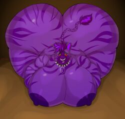 absurd_res anthro ass big_ass big_breasts big_butt breasts collar dark_nipples equid equine facial_piercing fur hi_res huge_ass huge_breasts huge_butt hyper male mammal nathanlepoyo nose_piercing piercing purple_body purple_fur red_eyes sardonic solo spiked_collar spikes zebra