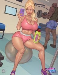 2d bimbo blonde_hair busty comic dark-skinned_male dark_skin female female_focus green_eyes hourglass_figure human human_female indoors interracial kennycomix light-skinned_female light_skin long_hair male male/female milf png riayh riley_peach thirst_trap_(comic) wide_hips yair