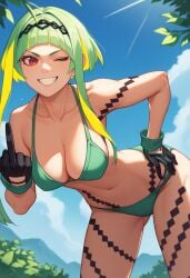 ai_generated beach bikini breasts from_below gloves green_bikini green_hair hairband one_eye_closed red_eyes ringo_(soul_hackers) smile soul_hackers_2 thighs