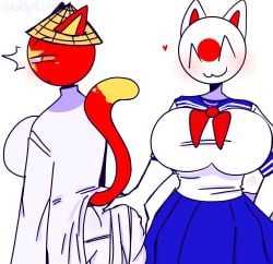 annoyed cat_ears cat_tail catgirl defutafied hourglass_figure huge_breasts japan_(countryhumans) kak0yt0_chel kak0yt0_chel_edit school_uniform traditional_clothes vietnam_(countryhumans) wide_hips