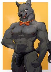 abs absurd_res anthro balls black_body black_fur black_nipples black_nose bow_tie bulge canid canine canis clothing detailed_bulge exhibitionism fangs fluffy fluffy_tail fur genitals hi_res humanoid_genitalia kemono looking_at_viewer male male_only mammal muscular muscular_anthro muscular_male nipples pecs penis pointy_ears shirtless_male simple_background solo stripper tail teeth thong underwear uro0000 vein veiny_penis wolf