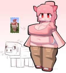 2d belly big_belly big_breasts blocky_body blush blush_stickers breasts buckethead_(artist) chubby fat gijinka hair_bun humanization humanized large_belly large_breasts light_brown_pantyhose light_brown_thighhighs minecraft mojang open_mouth pig pig_(minecraft) pink_hair plump red_shoes shiny_skin white_pants white_shorts