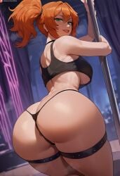 ai_generated ass ass_focus asymmetrical_hair back bangs bare_arms bare_legs bare_shoulders black_bra black_choker black_clothes black_panties black_underwear blue_eyes blush breasts choker clothing crop_top curvaceous female female_only footwear from_behind holding huge_ass huge_breasts indoors kasumi_(pokemon) kneepits large_ass large_breasts legs long_hair looking_at_viewer looking_back money orange_hair pantsu pokemon pole_dancing ponytail shiny shiny_skin shirt shoes short_hair short_shorts shorts side_ponytail sideboob sleeveless smile solo sports_bra standing stripper_pole tank_top thick_ass thick_thighs thigh_strap thighs thong tied_hair underwear wide_hips