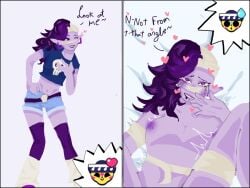 bandages brawl_stars emz_(brawl_stars) poco_(brawl_stars) purple_eyes purple_hair purple_skin two_panel_image