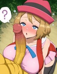 1boy 1girls ai_generated big_breasts blush hat heart-shaped_pupils huge_cock hypno hypnosis imminent_oral pokemon pokemon_xy pokephilia rubyart serena_(pokemon) short_hair