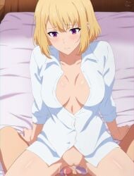 1boy 1girls absurdres after_vaginal arm_support bed blonde_hair breasts cha_hae_in cum female highres large_breasts leaning_back partially_unbuttoned penis purple_eyes pussy raised_eyebrows seasonanimes shirt short_hair sitting solo_leveling spread_legs straight white_shirt