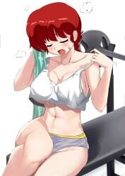 adjusting_clothes bandaid bare_arms bare_belly bare_legs bare_shoulders bare_thighs belly_button bench big_breasts blue_eyes braid breasts cleavage closed_eyes collarbone crop_top duck_(samas_king) no_bra open_mouth ranma-chan ranma_1/2 red_hair sideboob strap_pull sweat sweaty_butt tank_top thighs towel underboob white_tank_top