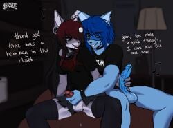 ) alternative_fashion ambiguous_gender anthro azzy_(boysnbreakdowns) bottomwear closet clothing collar dialogue duo emo english_text exhibitionism felid feline ghwostpawz gray_(ghwostpawz) legwear mammal masturbation music mutual_masturbation piercing procyonid raccoon skirt sneaky text thigh_highs