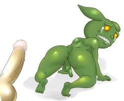 anus ass backsack balls bent_over duo goblin goblin_male green_skin human humanoid humanoid_penis imminent_rape looking_at_viewer male male_only mammal nude orange_eyes pathfinder penis perineum presenting presenting_anus presenting_hindquarters simple_background tears thebuttgoblin white_background