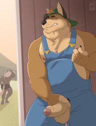 2025 abs absurd_res anthro backwards_baseball_cap backwards_hat balls barazoku barn baseball_cap belly biceps bodily_fluids canid canine canis carrying_another chest_tuft clothed clothing deltoids domestic_dog dripping duo equid equine erection facial_tuft foreskin genital_fluids genitals green_clothing green_hat green_headwear hand_on_penis hat headgear headwear hi_res horse male male/male mammal manly nelldemon nipple_fetish nipple_pinch nipple_play nipples open_overalls overalls overalls_only pecs penis pinch precum precum_drip shirtless shorts_only shoulder_carry slightly_chubby sweat sweatdrop topless tuft vein veiny_penis voyeur working