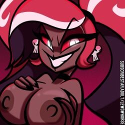 1:1 big_breasts breasts brown_nipples demon demon_humanoid ear_piercing ear_ring evil_grin female glistening glistening_breasts gradient_background hair hazbin_hotel humanoid lewdwhorse looking_at_viewer nipples piercing ponytail pupils red_background red_eyes red_hair red_sclera ring_piercing simple_background sinister_smile sinner_demon skull_accessory skull_ear_ring smile solo velvette_(hazbin_hotel) white_pupils