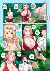 3girls adult age_difference alternate_breast_size before_sex blonde_hair brown_hair busty cleavage comic commentary embarrassed english_text erect_nipples female female_only forest holding_object holding_sex_toy imminent_yuri implied_yuri multiple_girls naruto naruto_(series) naruto_shippuden nature nipples nipples_visible_through_clothing older_female outdoors page_7 pink_hair plug_(sex_toy) sakura_haruno sex_toy skimpy skimpy_clothes speech_bubble story super_melons surprised teenager tenten text tsunade visible_nipples voluptuous younger_female