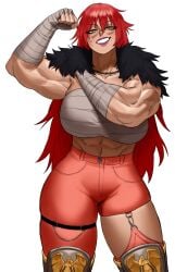 1girls absurd_res bandaged_arm bandaged_chest big_breasts commission female female_only flexing flexing_bicep grin grinning_at_viewer long_hair looking_at_viewer muscles muscular muscular_female narrowed_eyes red_hair smiling smiling_at_viewer solo sotcho thick_thighs thigh_squish white_background wide_hips yellow_eyes