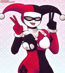 1girls 2023 2d 2d_(artwork) batman_(series) breasts_out closed_eyes clown_girl double_peace_sign female gloves harley_quinn harley_quinn_(classic) jester_hat jester_outfit nipples peace_sign pinup pinup_pose ripped_clothing solo_female space-c0wb0y-6251 sticking_out_tongue