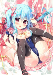 :o arm_up bangs black_legwear blue_hair blue_ribbon blue_swimsuit blush bow bracelet breasts breasts_out collared_shirt cream eyebrows_visible_through_hair female fingernails food fruit hair_between_eyes hair_ornament hairbow hairclip hanamiya_natsuka head_tilt in_container in_food jewelry looking_at_viewer medium_breasts minigirl natsuka_(unagi-unagi-unagi) nipples one-piece_swimsuit open_clothes open_mouth open_shirt original pink_bow pink_shoes plaid plaid_bow plaid_collar reclining red_eyes ribbon school_swimsuit sexually_suggestive shirt shoes sidelocks sleeveless sleeveless_shirt solo spoon strap_slip strawberry suggestive_fluid swimsuit swimsuit_pull swimsuit_under_clothes tareme thighhighs two_side_up white_shirt yellow_ribbon