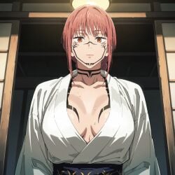 8k absurdres aesthetic ai_generated arm_tattoo belly_tattoo black_scarf body_tattoo chainsaw_man crossover curvaceous_body face_tattoo facial_mark female glowing_skin hauntingly_beautiful_face hdr highres holding_own_breast jujutsu_kaisen kimono makima makima_(chainsaw_man) maternal_appearance medium_hair milf multi_eye naked newest orange_eyes possessed possession red_eyes red_hair regal_posture ryoumen_sukuna_(jujutsu_kaisen) very wide_sleeves