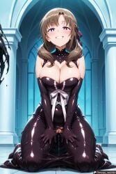 ai_generated aroused big_breasts braided_hair brown_hair bursting_breasts female hair_ribbons huge_breasts kneeling leaking_pussy long_hair looking_at_viewer omega_weirdo oosuki_mamako patreon purple_eyes pussy smile smiling smiling_at_viewer solo_female submissive submissive_female symbiote symbiote_suit symbiote_takeover