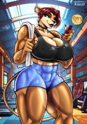 anthro big_breasts bluewolfartista furry gym huge_breasts lioness massive_breasts muscles muscular muscular_anthro muscular_female red_eyes red_hair sexy sweaty thick_thighs thighhighs thighs